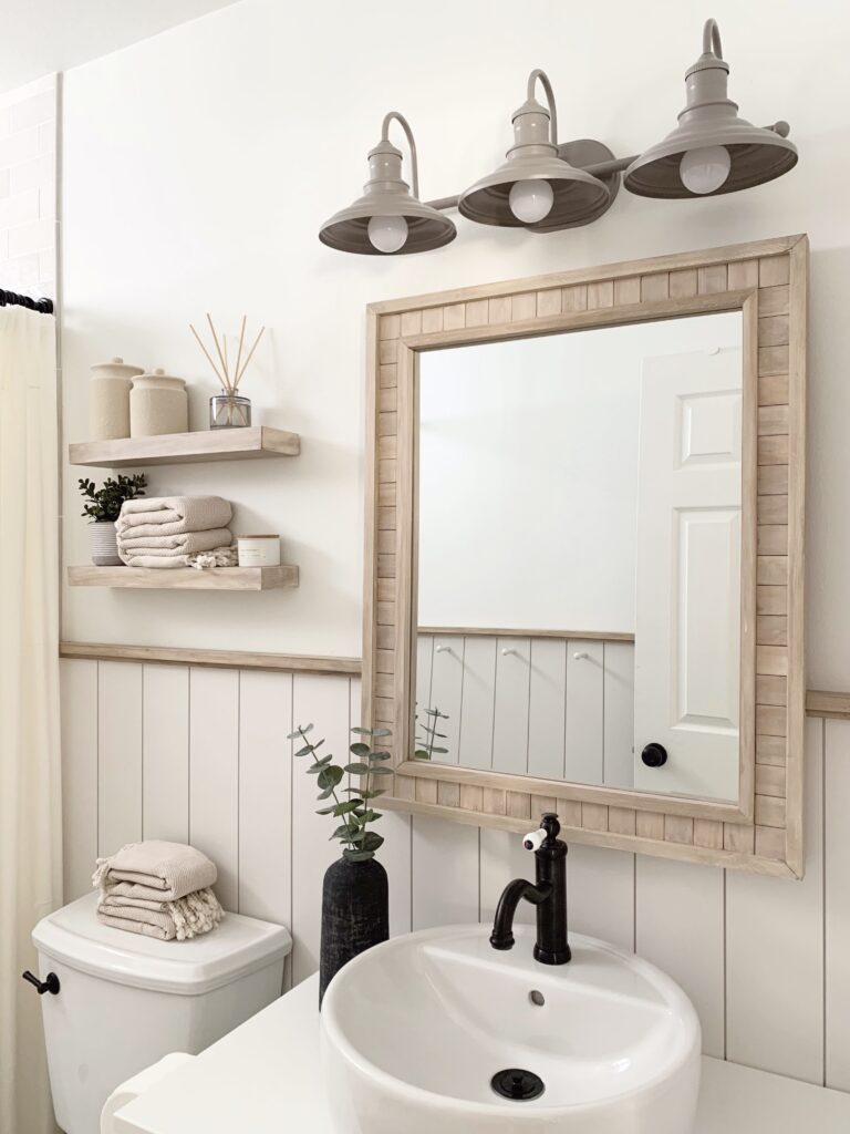 beachy DIY custom wood mirror with IKEA HEMNES vanity, IKEA TÖRNVIKEN bathroom sink with black IKEA HAMNSKÄR bathroom faucet
