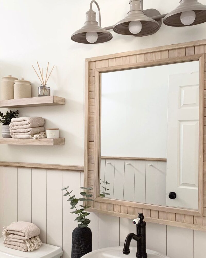 beachy DIY custom wood mirror with IKEA HEMNES vanity, IKEA TÖRNVIKEN bathroom sink with black IKEA HAMNSKÄR bathroom faucet