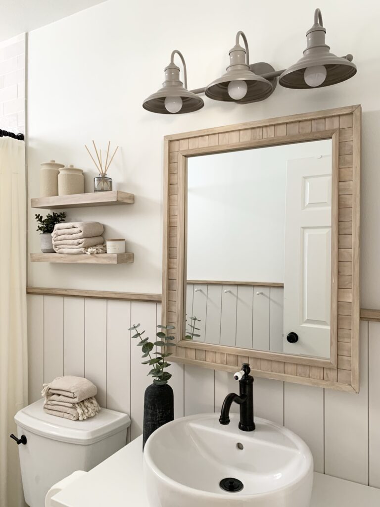 light gray DIY vertical shiplap with DIY wood bathroom vanity mirror