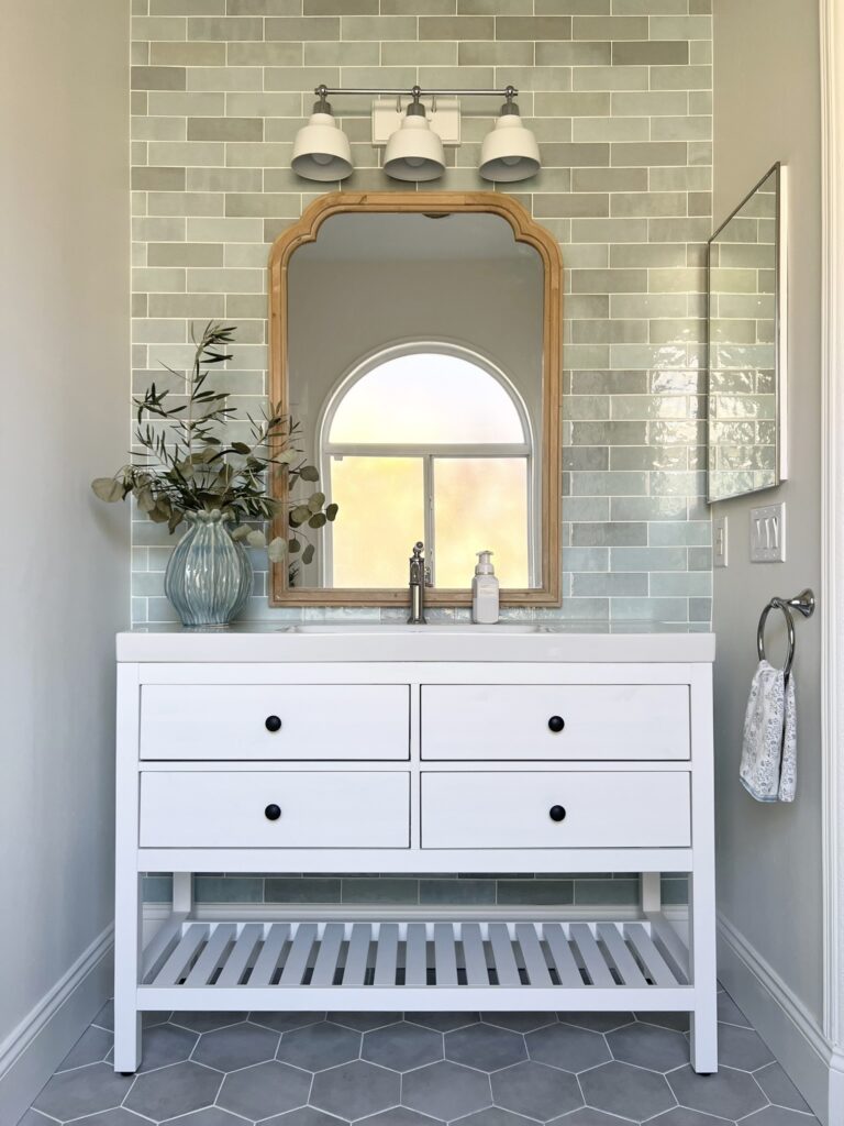 Bedrosians Cloe Baby Blue with Avalanche grout and IKEA Hemnes vanity