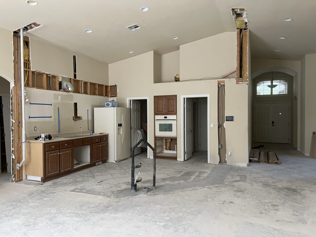 kitchen remodel progress with kitchen island removed