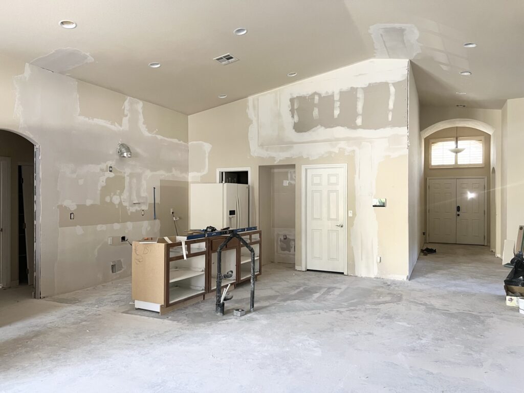 kitchen remodel progress with drywall patched up