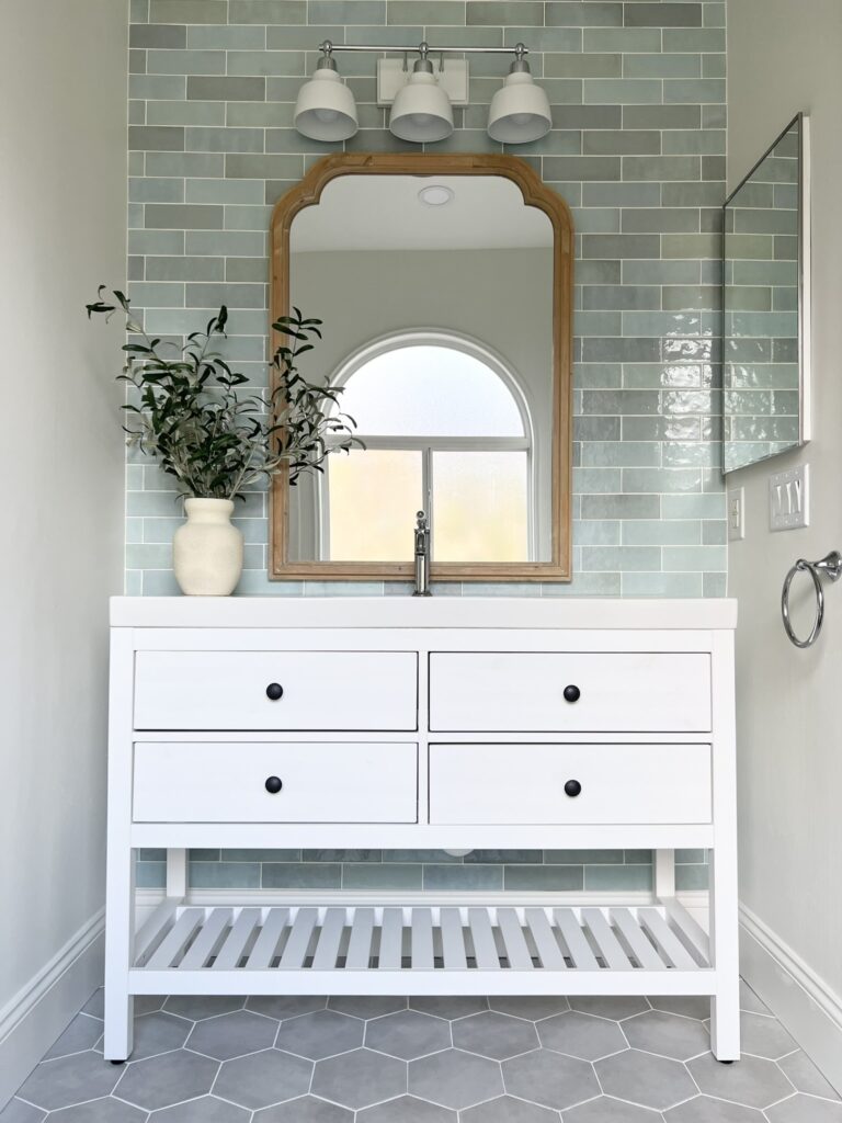 Bathroom with white IKEA HEMNES vanity, wood mirror and Bedrosians Cloe Baby Blue tile