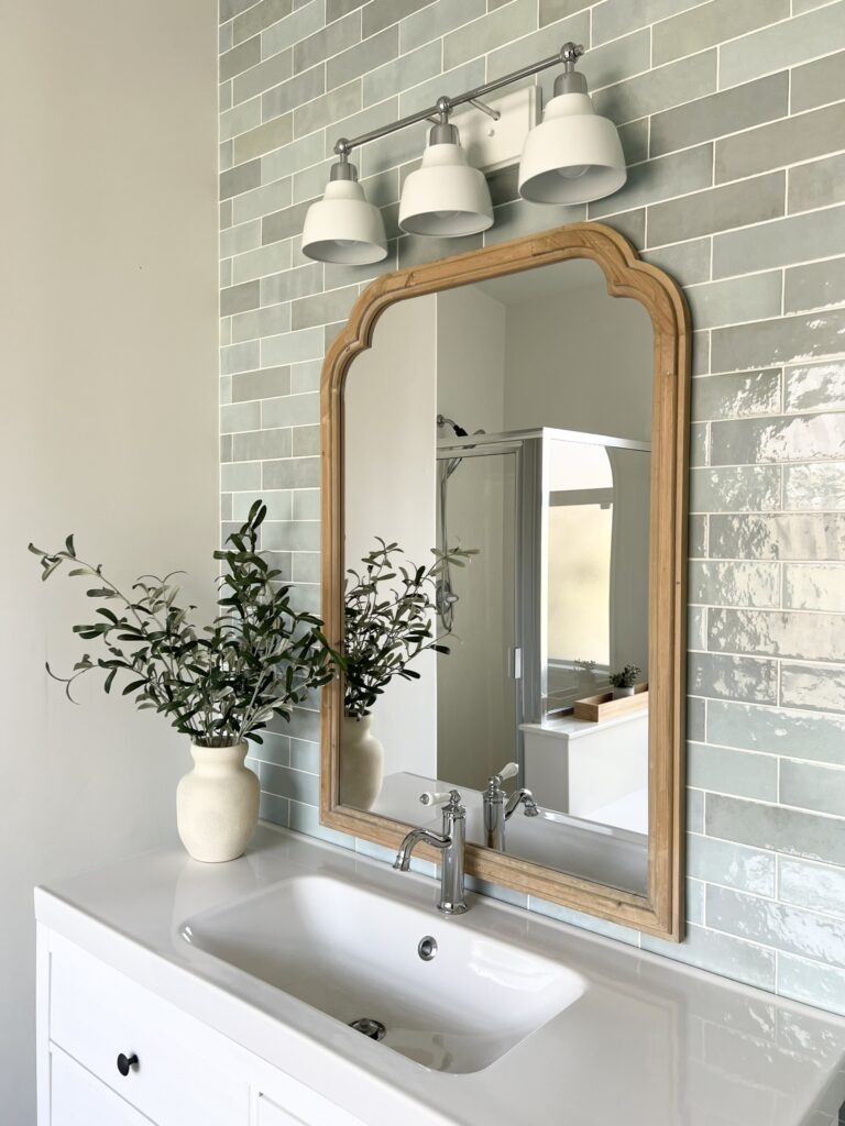 Wood vanity mirror, Bedrosians Cloe Baby Blue tile and chrome accents