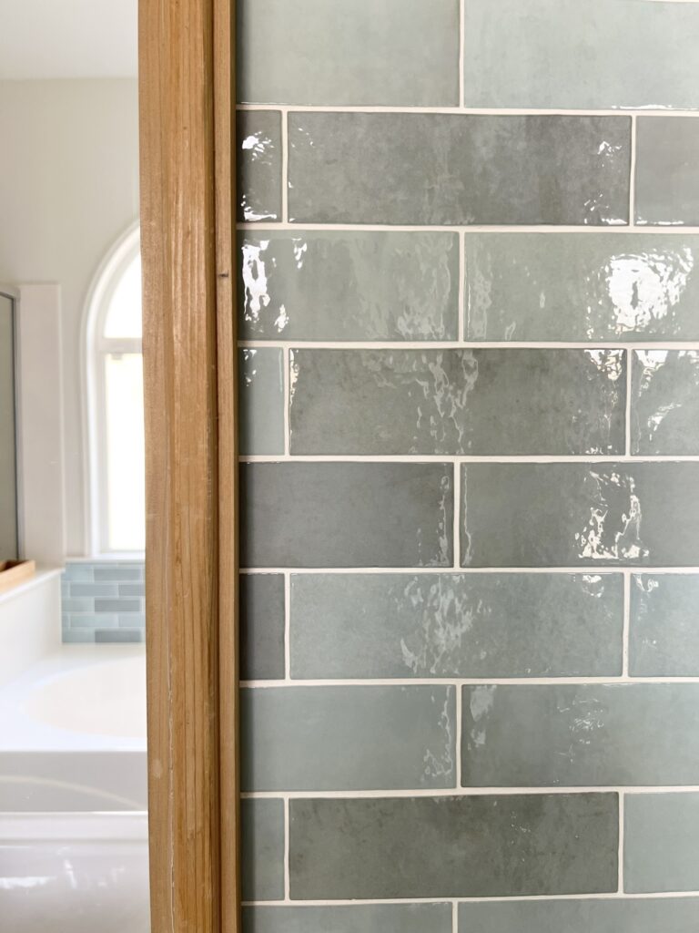 Wood mirror with Bedrosians Cloe Baby Blue tile