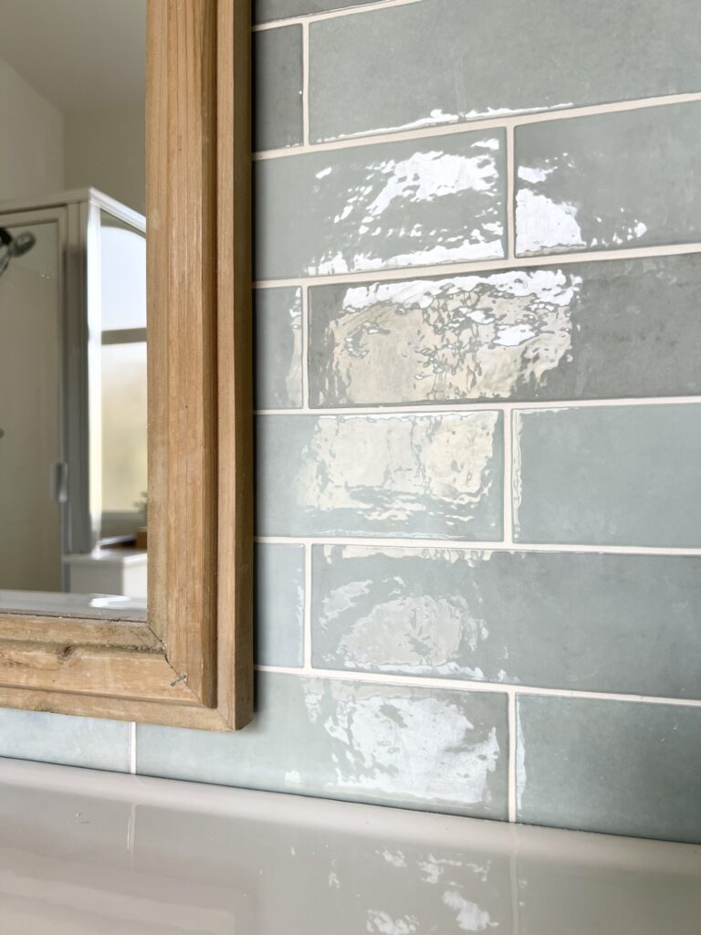 Wood mirror with Bedrosians Cloe Baby Blue tile