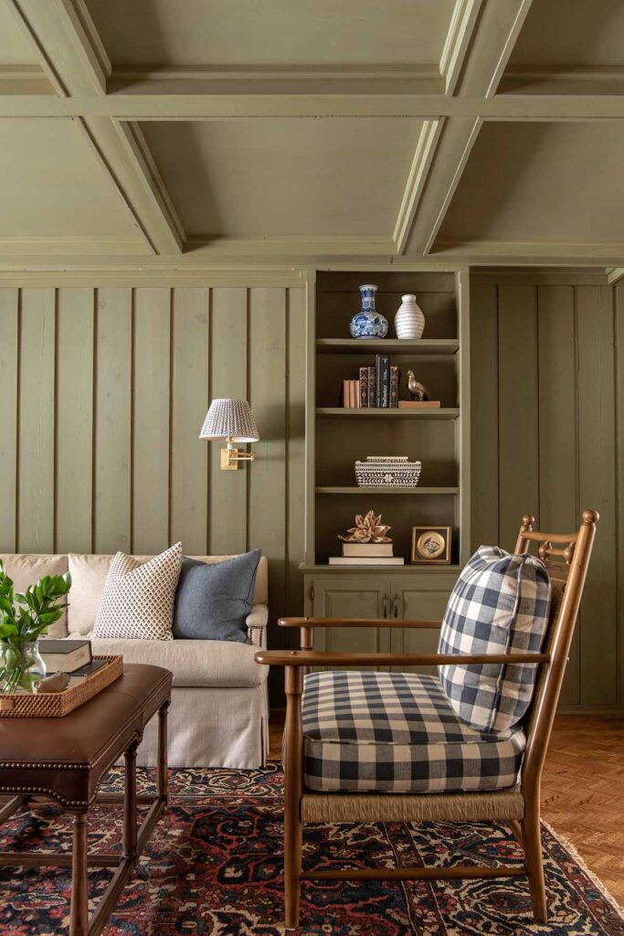 color drenched green living room