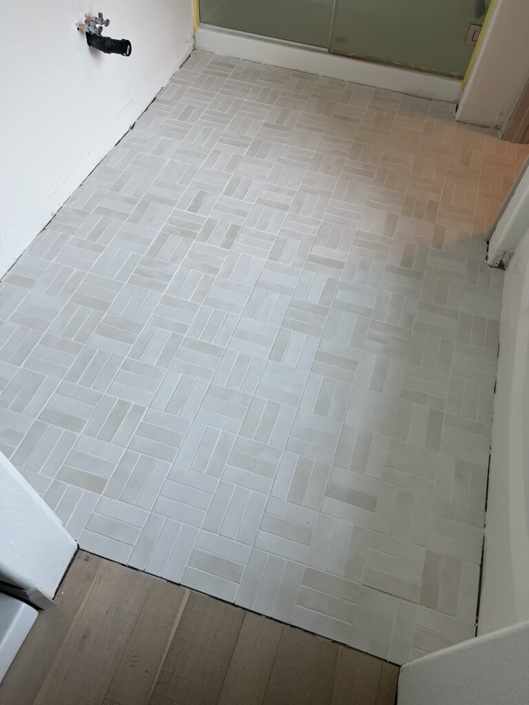 crosshatch tile pattern using Bedrosians Celine Matte White tile