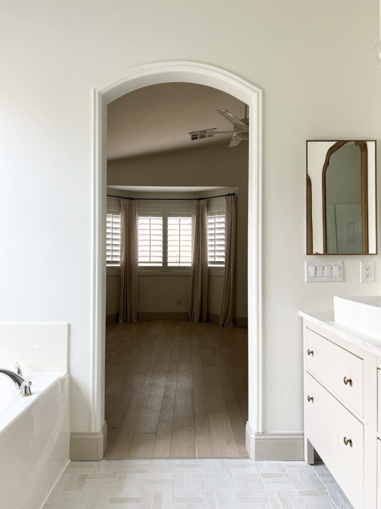 Accessible Beige bathroom vanity with Alabaster walls