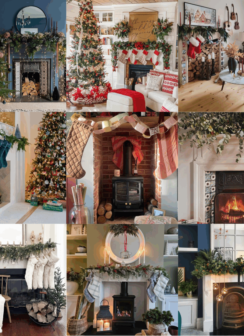nine different fireplace mantels decorated for winter