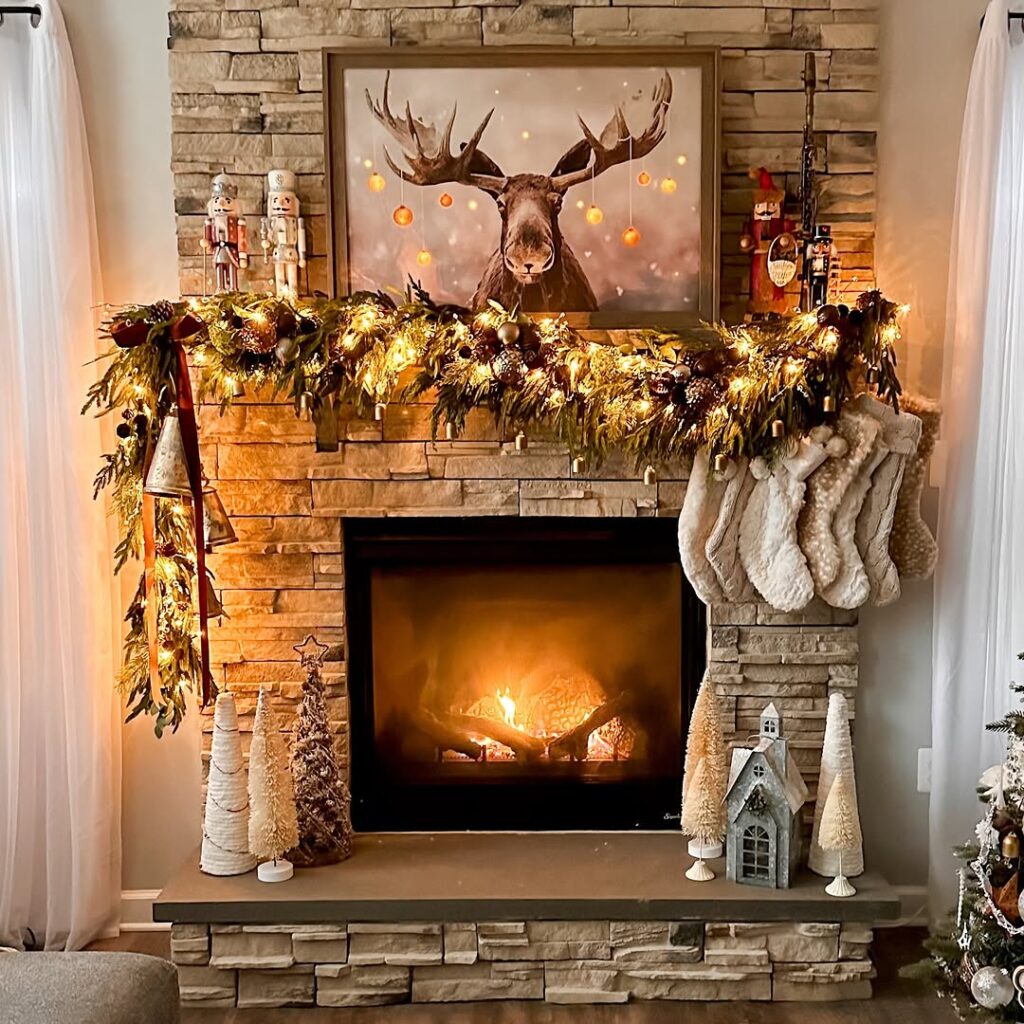 fireplace decorations for winter with a moose