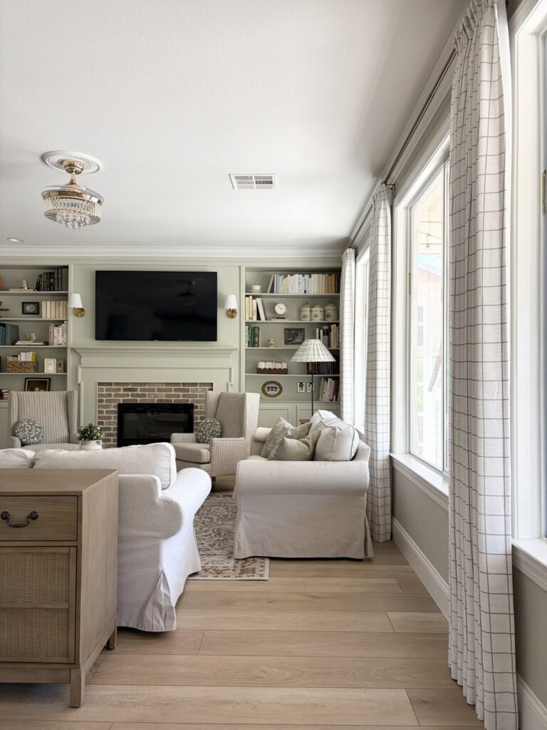 living room with built ins painted ancient marble by sherwin williams